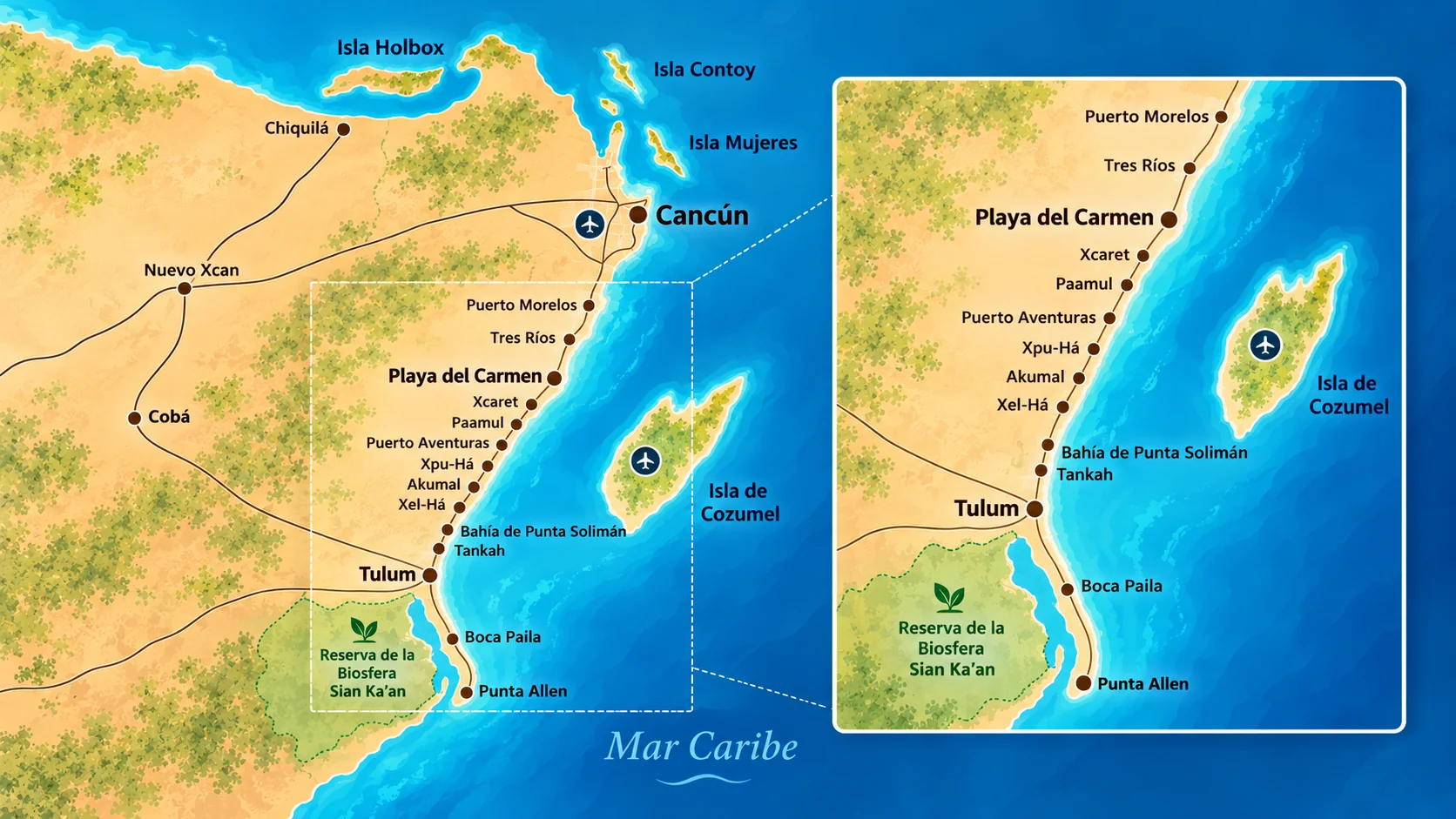 Illustrated overview of Cancún, Playa del Carmen, Tulum and destinations along the Riviera Maya coast, including Cozumel and Sian Ka’an
